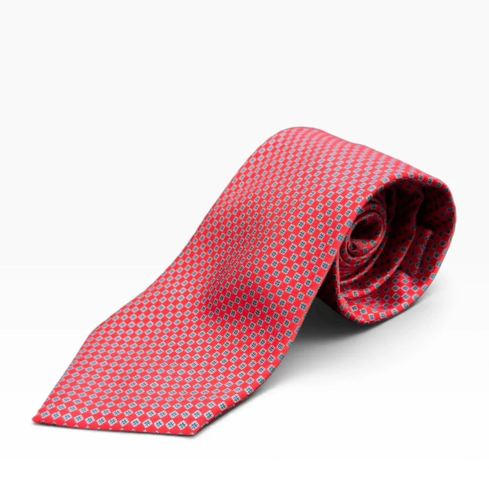 Ermenegildo Zegna Silk Tie Red Blue Geometric Small Crest Logo Made In Italy